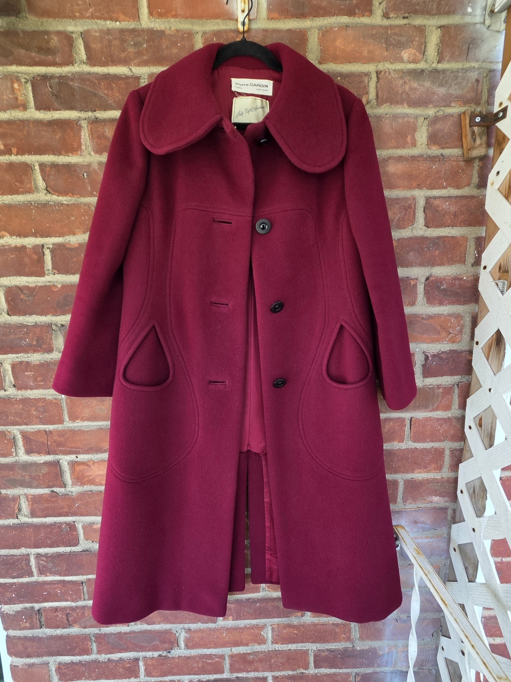 Vintage 60s Pierre Cardin Saks Fifth Wool Coat Teardrop pockets Burgendy